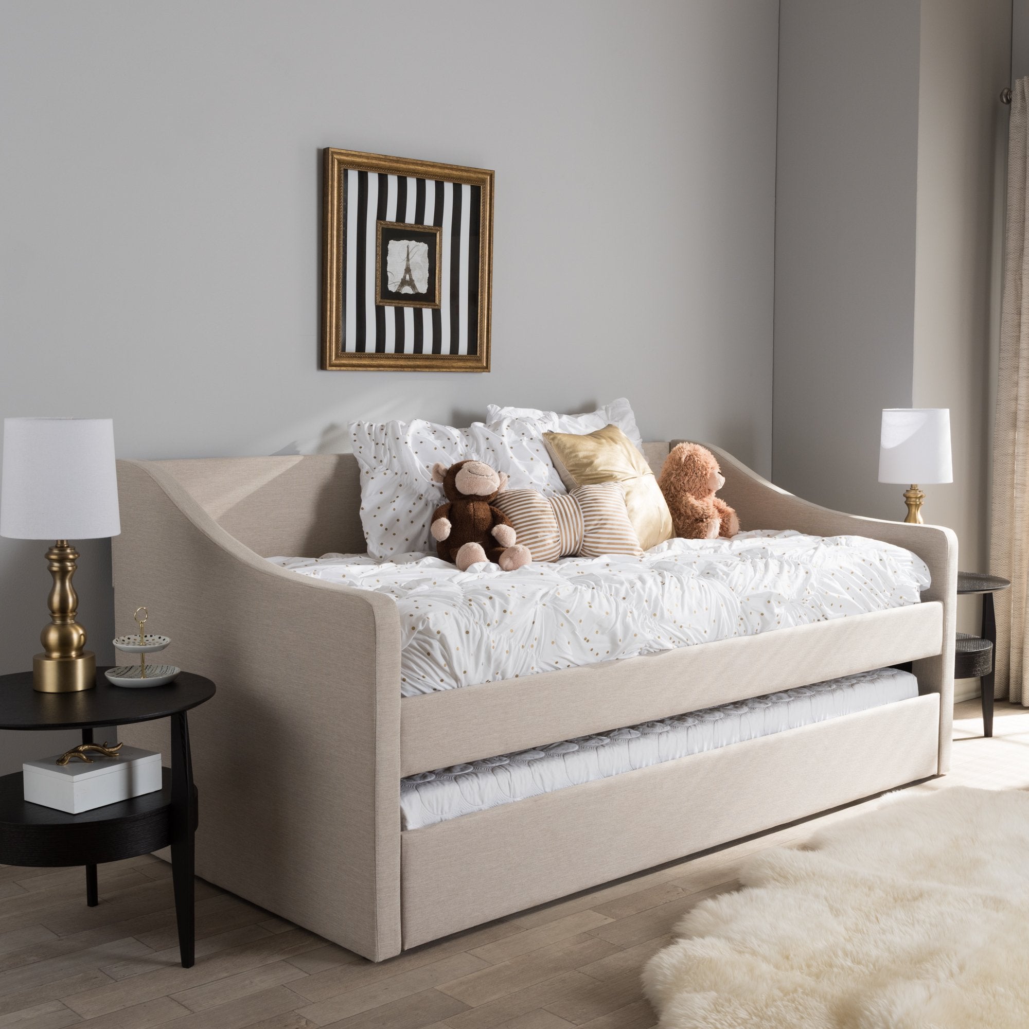 Baxton Studio Barnstorm Modern and Contemporary Beige Fabric Upholstered Daybed with Guest Trundle Bed