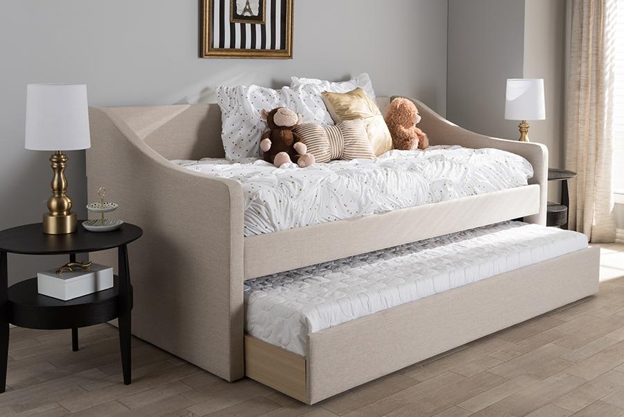 Baxton Studio Barnstorm Modern and Contemporary Beige Fabric Upholstered Daybed with Guest Trundle Bed