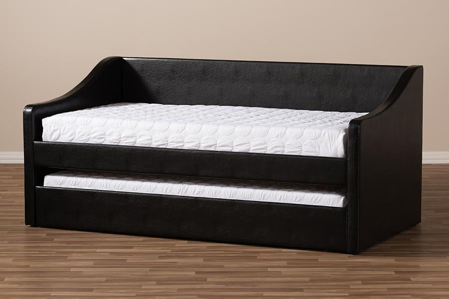 Baxton Studio Barnstorm Modern and Contemporary Black Faux Leather Upholstered Daybed with Guest Trundle Bed