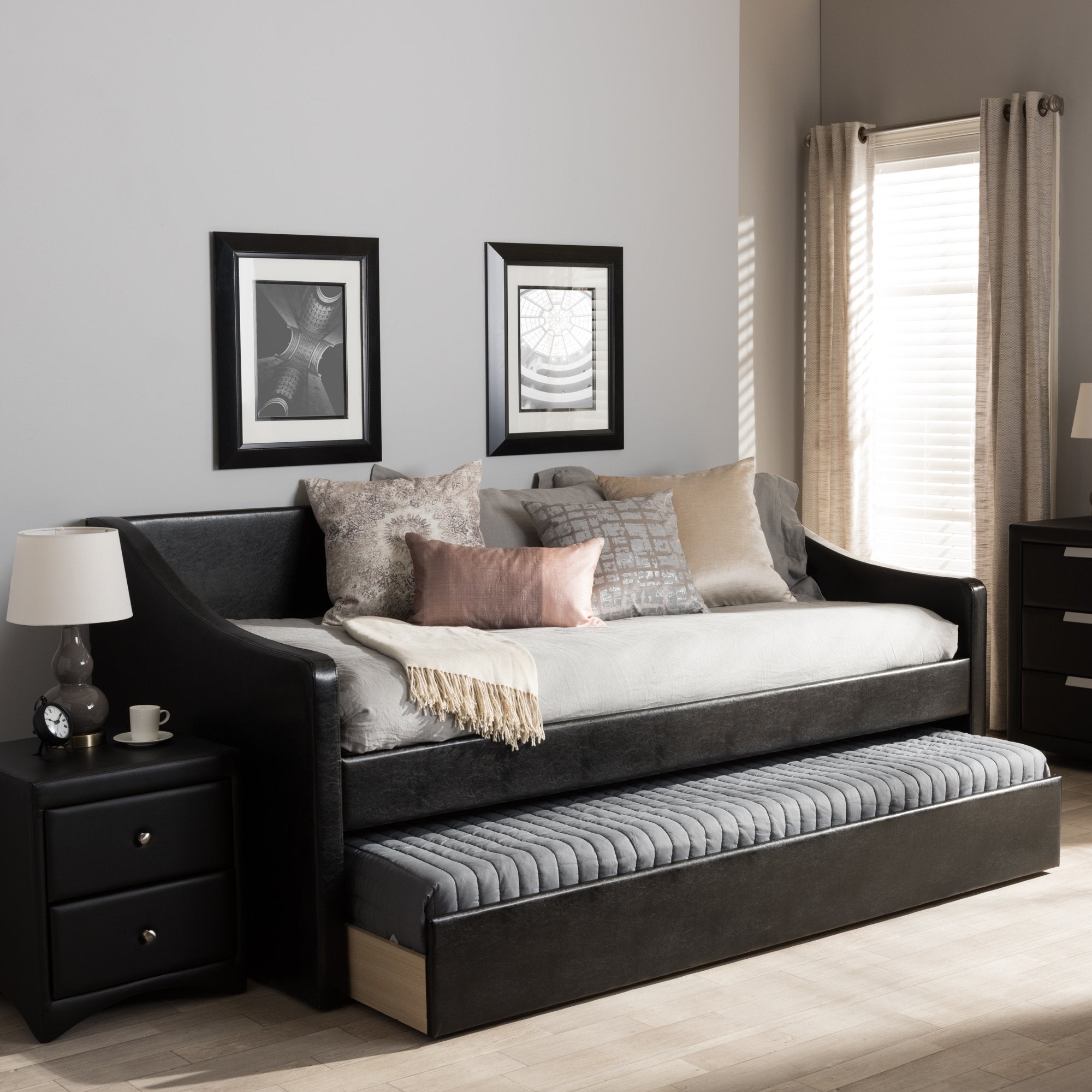 Baxton Studio Barnstorm Modern and Contemporary Black Faux Leather Upholstered Daybed with Guest Trundle Bed