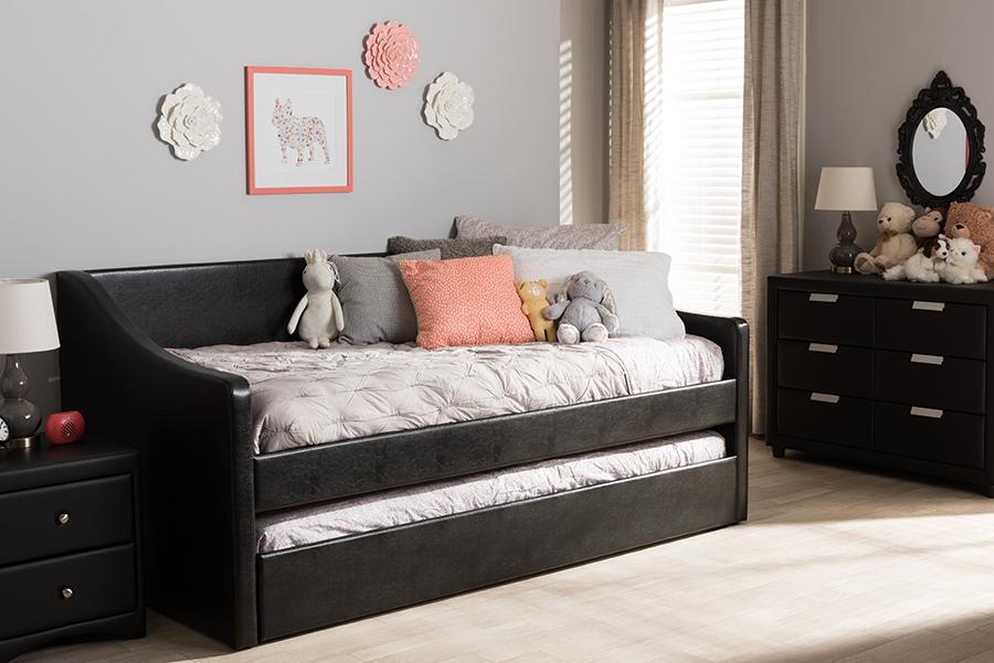 Baxton Studio Barnstorm Modern and Contemporary Black Faux Leather Upholstered Daybed with Guest Trundle Bed