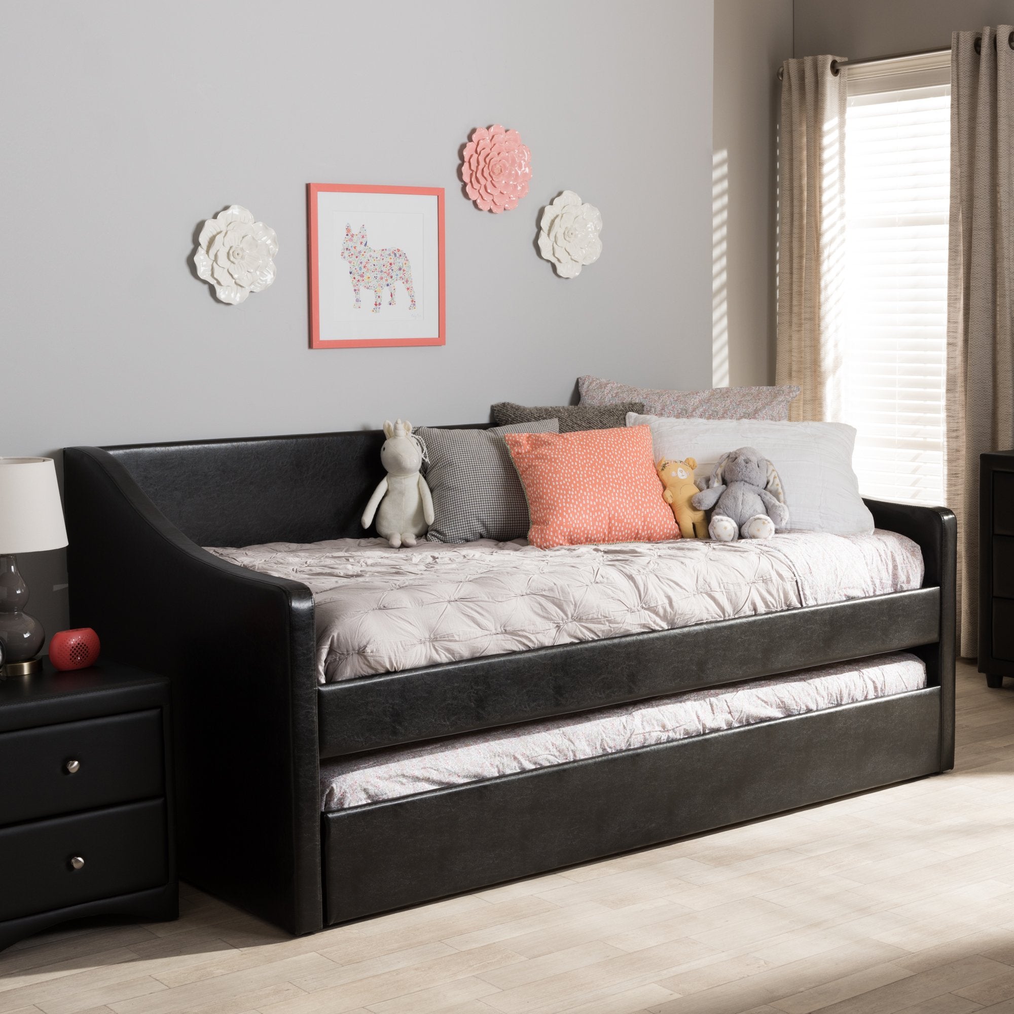 Baxton Studio Barnstorm Modern and Contemporary Black Faux Leather Upholstered Daybed with Guest Trundle Bed