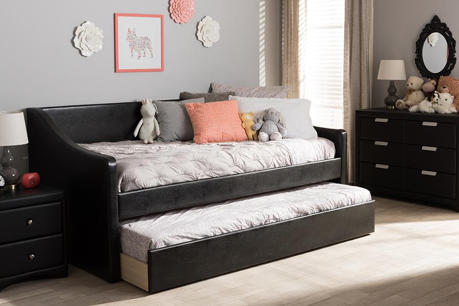 Baxton Studio Barnstorm Modern and Contemporary Black Faux Leather Upholstered Daybed with Guest Trundle Bed