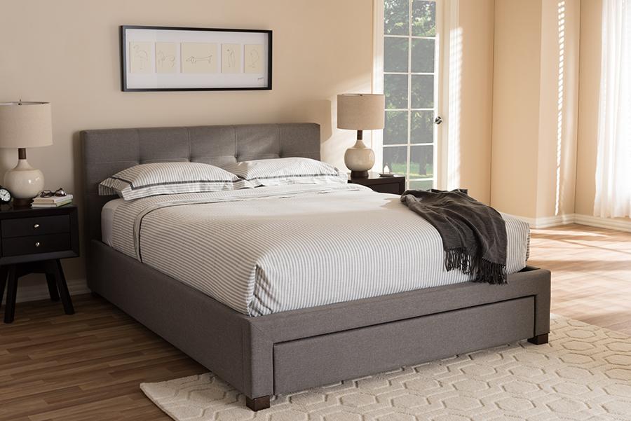 Baxton Studio Brandy Modern and Contemporary Grey Fabric Upholstered Queen Size Platform Bed with Storage Drawer