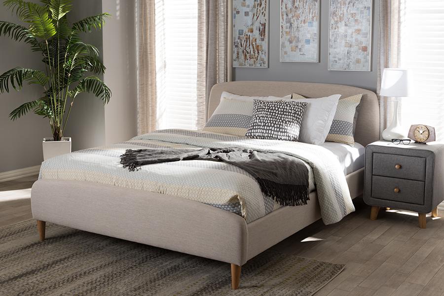 Baxton Studio Mia Mid-Century Light Beige Fabric Upholstered Queen Size Platform Bed