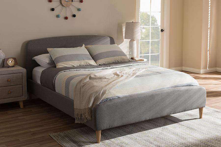 Baxton Studio Mia Mid-Century Light Grey Fabric Upholstered Queen Size Platform Bed