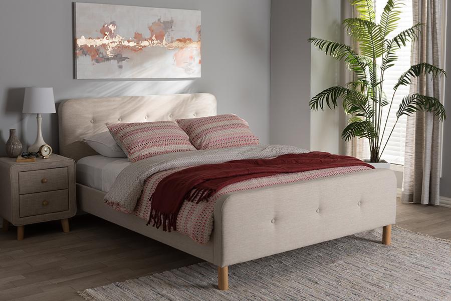 Baxton Studio Samson Mid-Century Light Beige Fabric Upholstered King Size Platform Bed