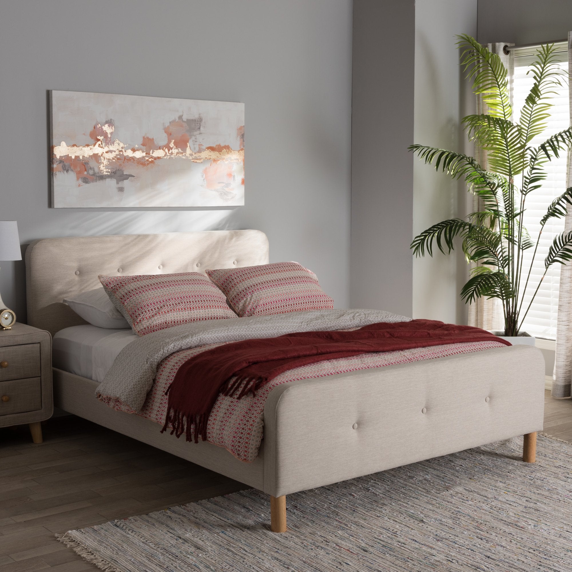 Baxton Studio Samson Mid-Century Light Beige Fabric Upholstered Queen Size Platform Bed