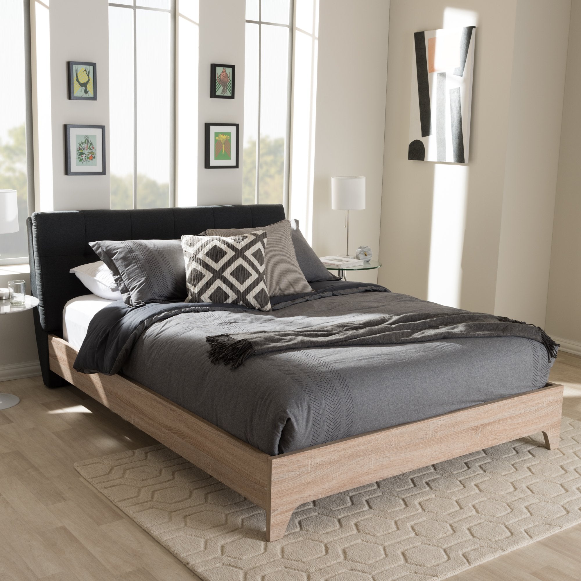 Baxton Studio Adelia Mid-Century Charcoal Grey Whitewash Full Size Platform Bed