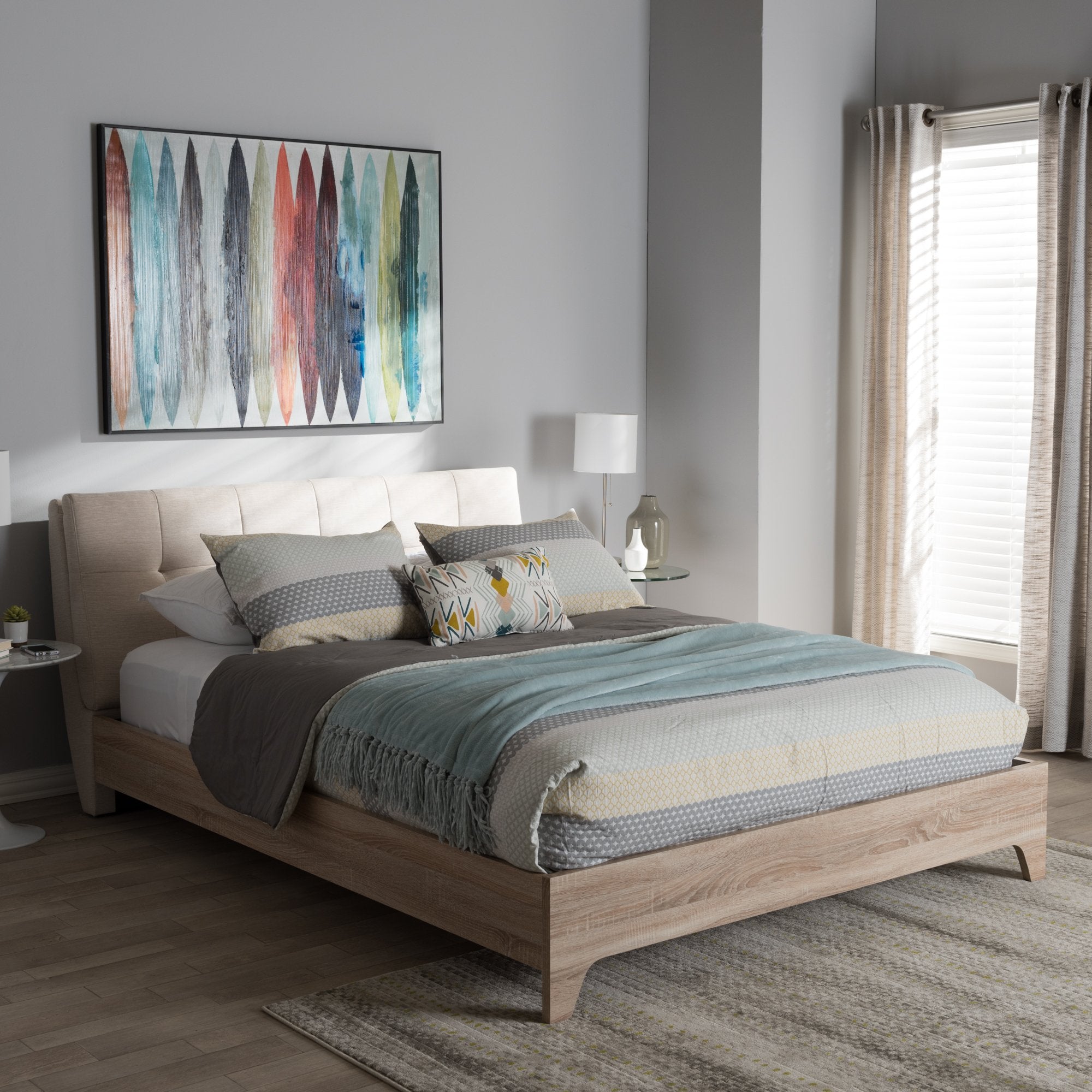 Baxton Studio Adelia Mid-Century Light Beige Whitewash Full Size Platform Bed