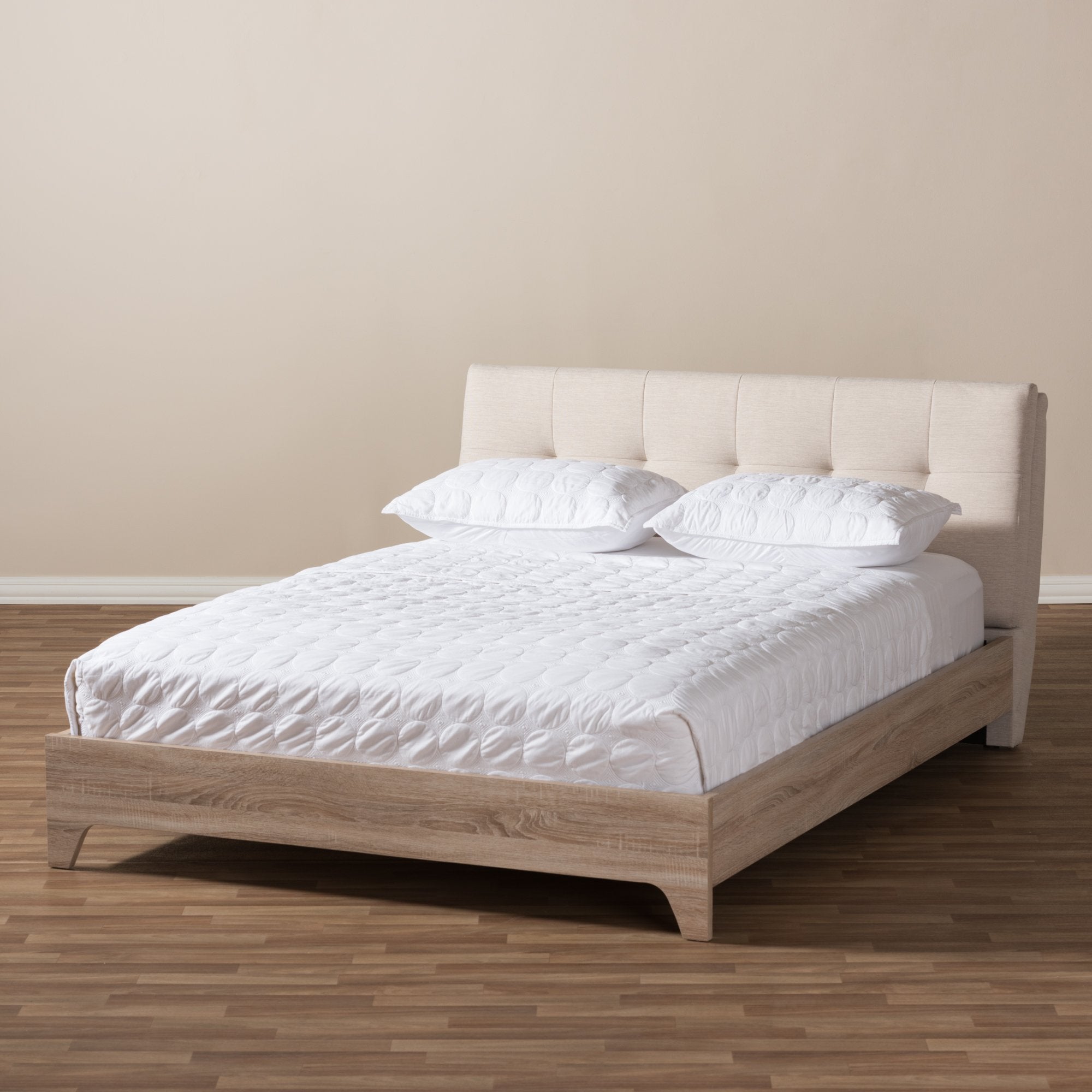 Baxton Studio Adelia Mid-Century Light Beige Whitewash Queen Size Platform Bed