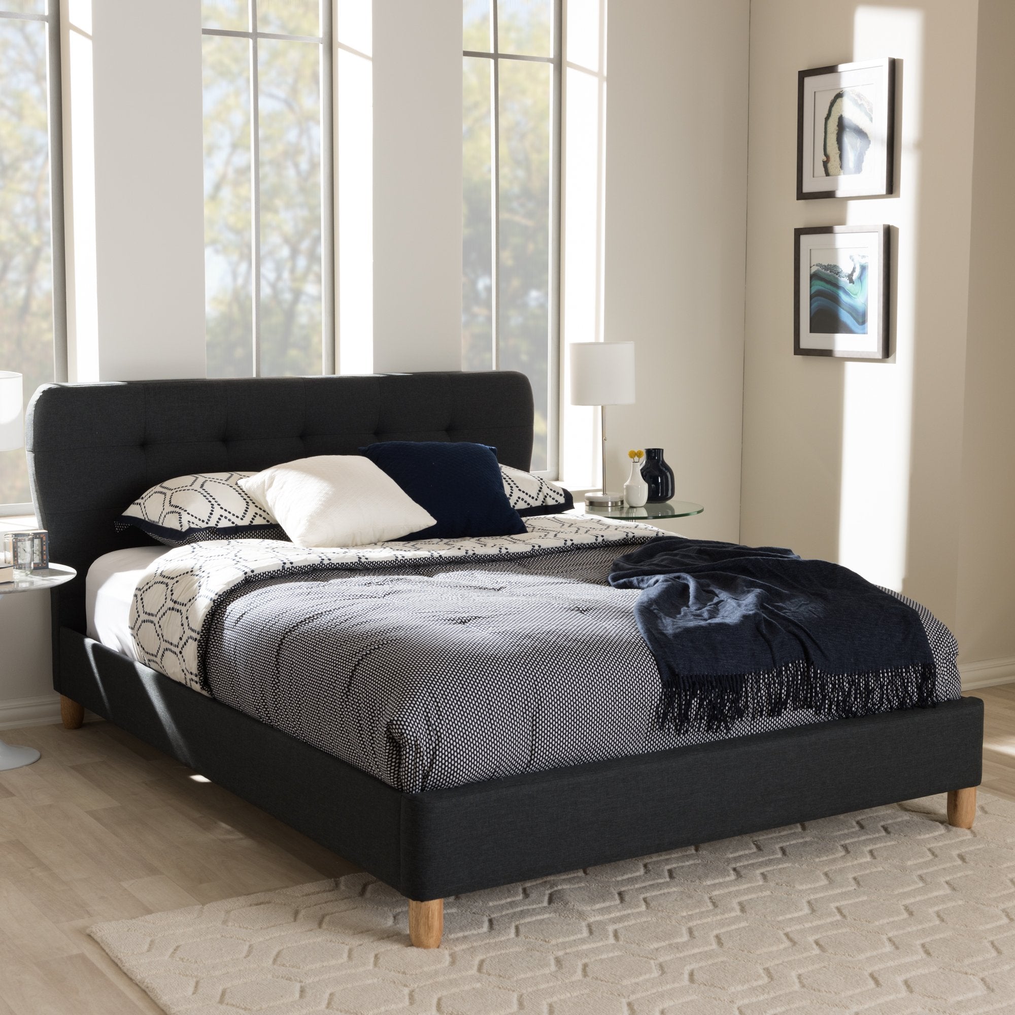 Baxton Studio Laureo Mid-Century Charcoal Grey Fabric Upholstered Queen Size Platform Bed