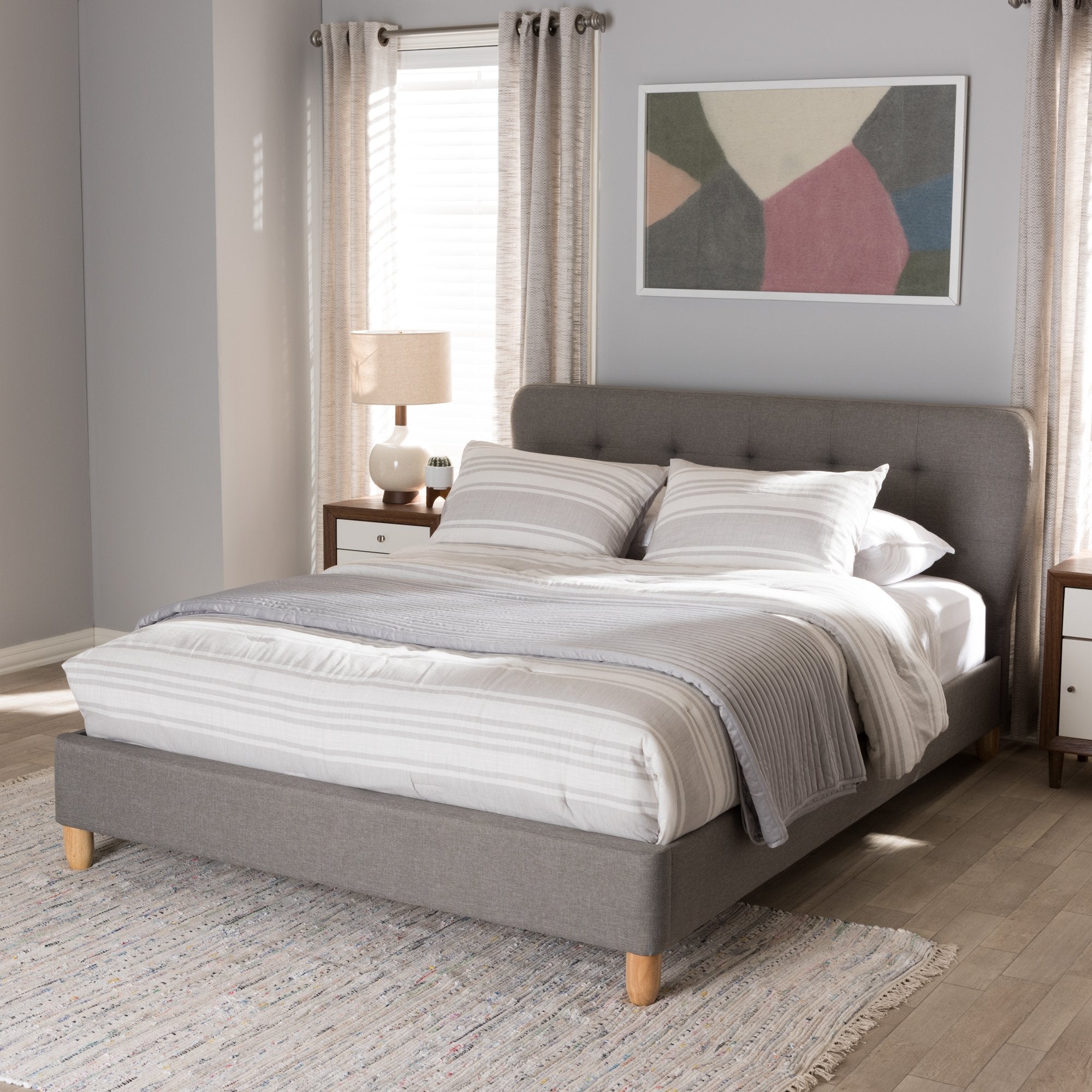 Baxton Studio Laureo Mid-Century Light Grey Fabric Upholstered Queen Size Platform Bed