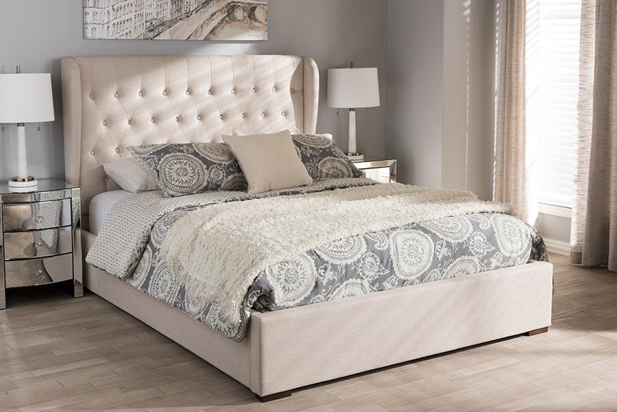 Baxton Studio Taylor Modern and Contemporary Light Beige Fabric Queen Size Gas-Lift Platform Bed