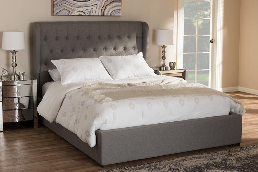 Baxton Studio Taylor Modern and Contemporary Light Grey Fabric Queen Size Gas-Lift Platform Bed