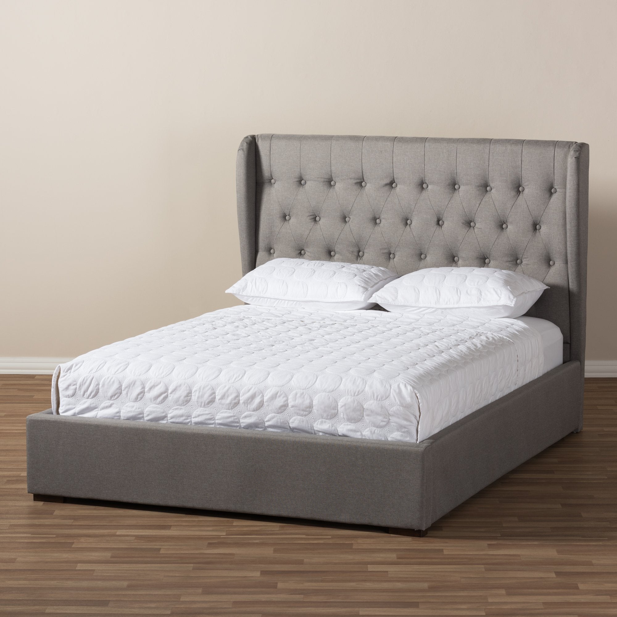 Baxton Studio Taylor Modern and Contemporary Light Grey Fabric Queen Size Gas-Lift Platform Bed