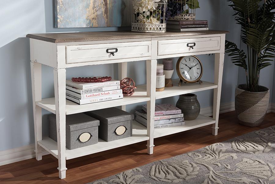 Baxton Studio Dauphine Provincial Style Weathered Oak and White Wash Distressed Finish Wood Console Table