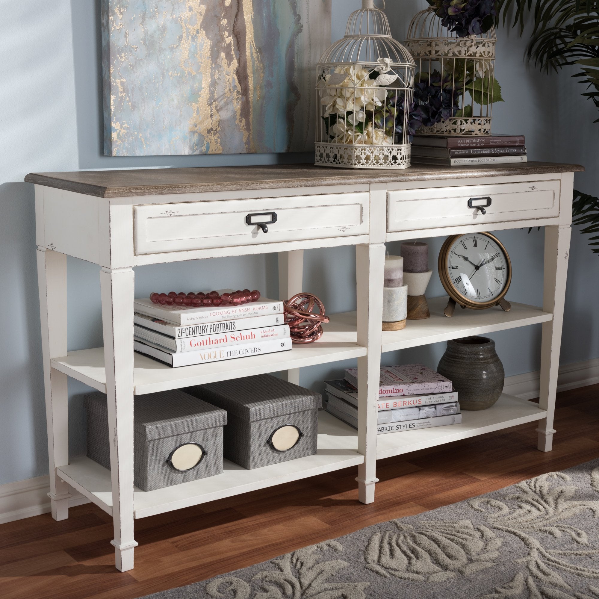 Baxton Studio Dauphine Provincial Style Weathered Oak and White Wash Distressed Finish Wood Console Table