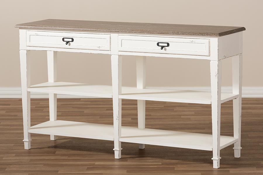 Baxton Studio Dauphine Provincial Style Weathered Oak and White Wash Distressed Finish Wood Console Table