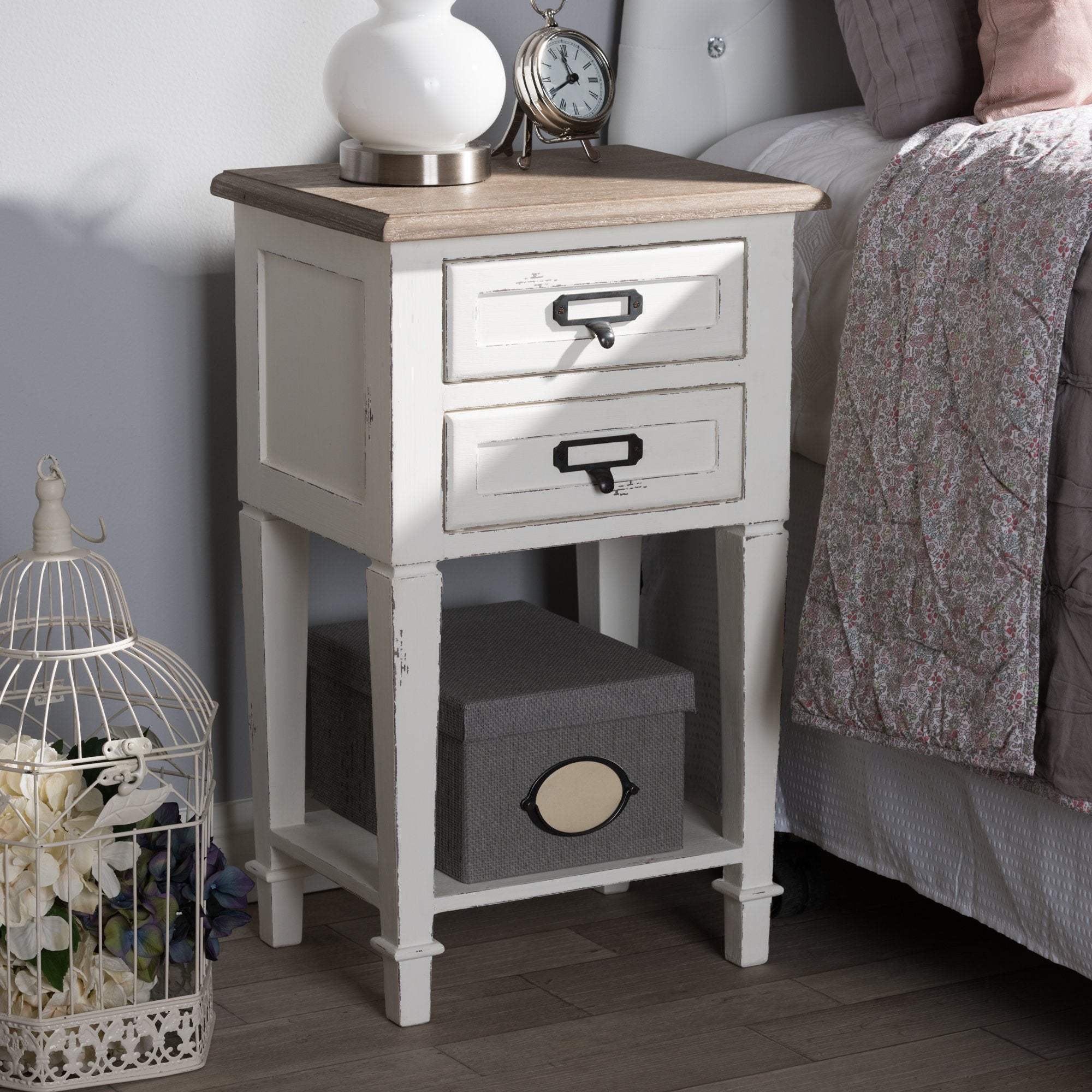 Baxton Studio Dauphine Provincial Style Weathered Oak and White Wash Distressed Finish Wood Nightstand