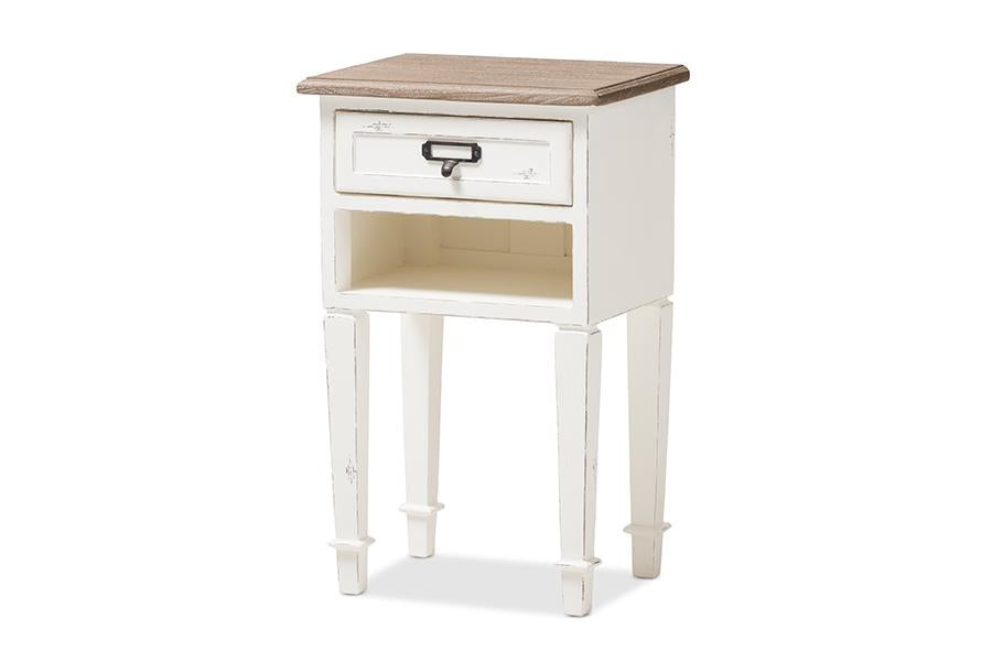 Baxton Studio Dauphine Provincial Style Weathered Oak and White Wash Distressed Finish Wood Nightstand