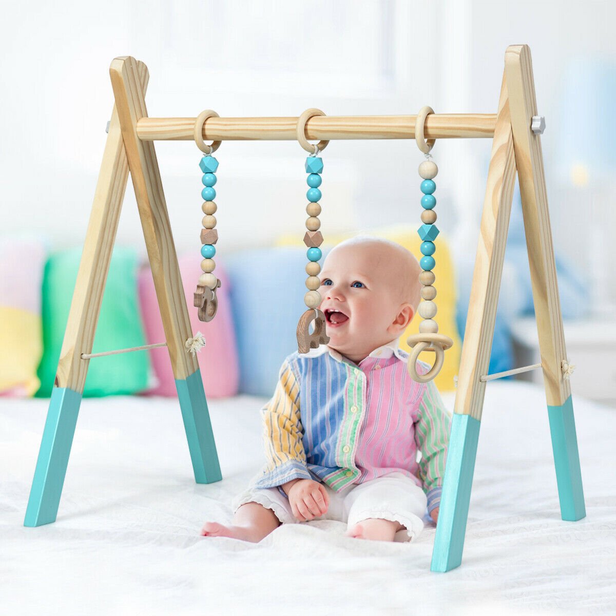 3 Wooden Baby Teething Toys Hanging Bar