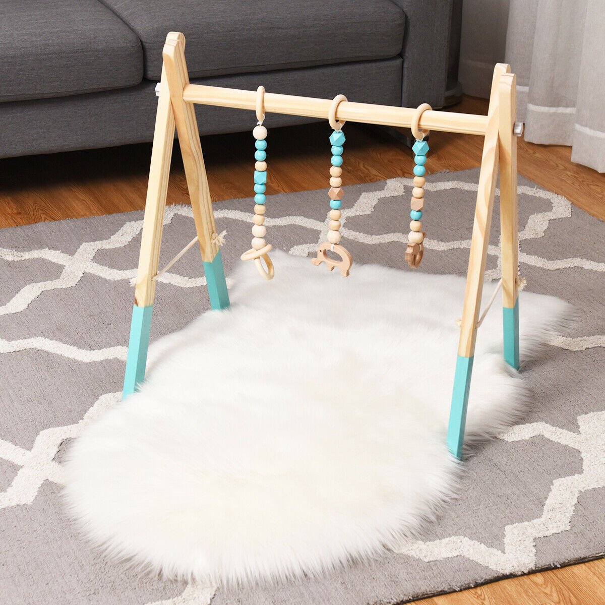 3 Wooden Baby Teething Toys Hanging Bar