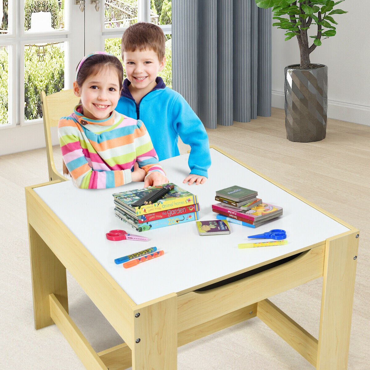 Kids Table Chairs Set With Storage Boxes Blackboard Whiteboard Drawing