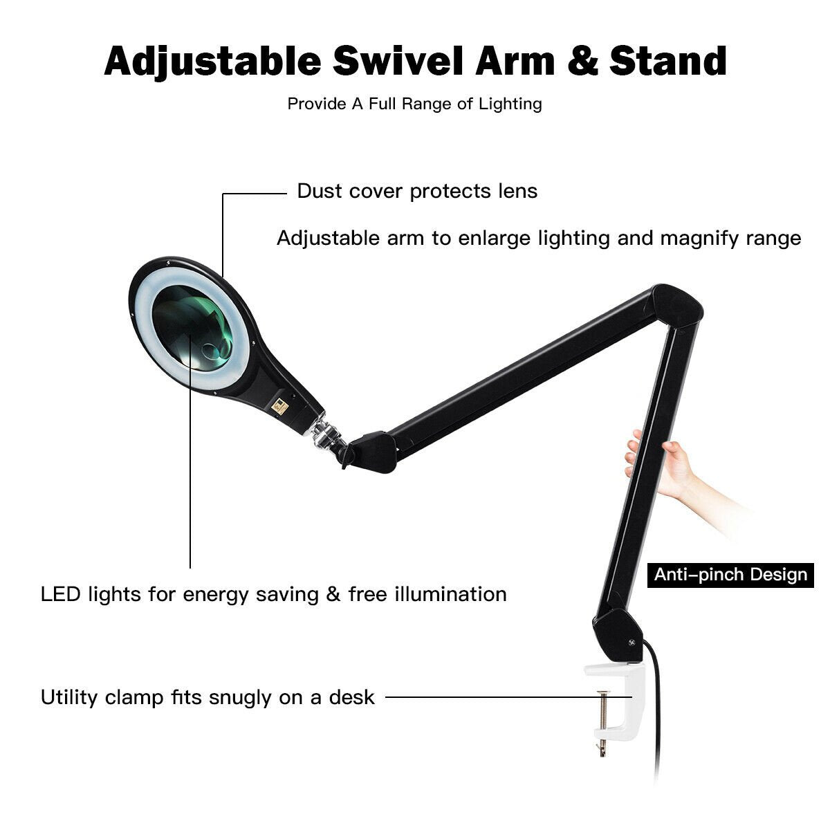 LED Magnifying Glass Desk Lamp w- Swivel Arm