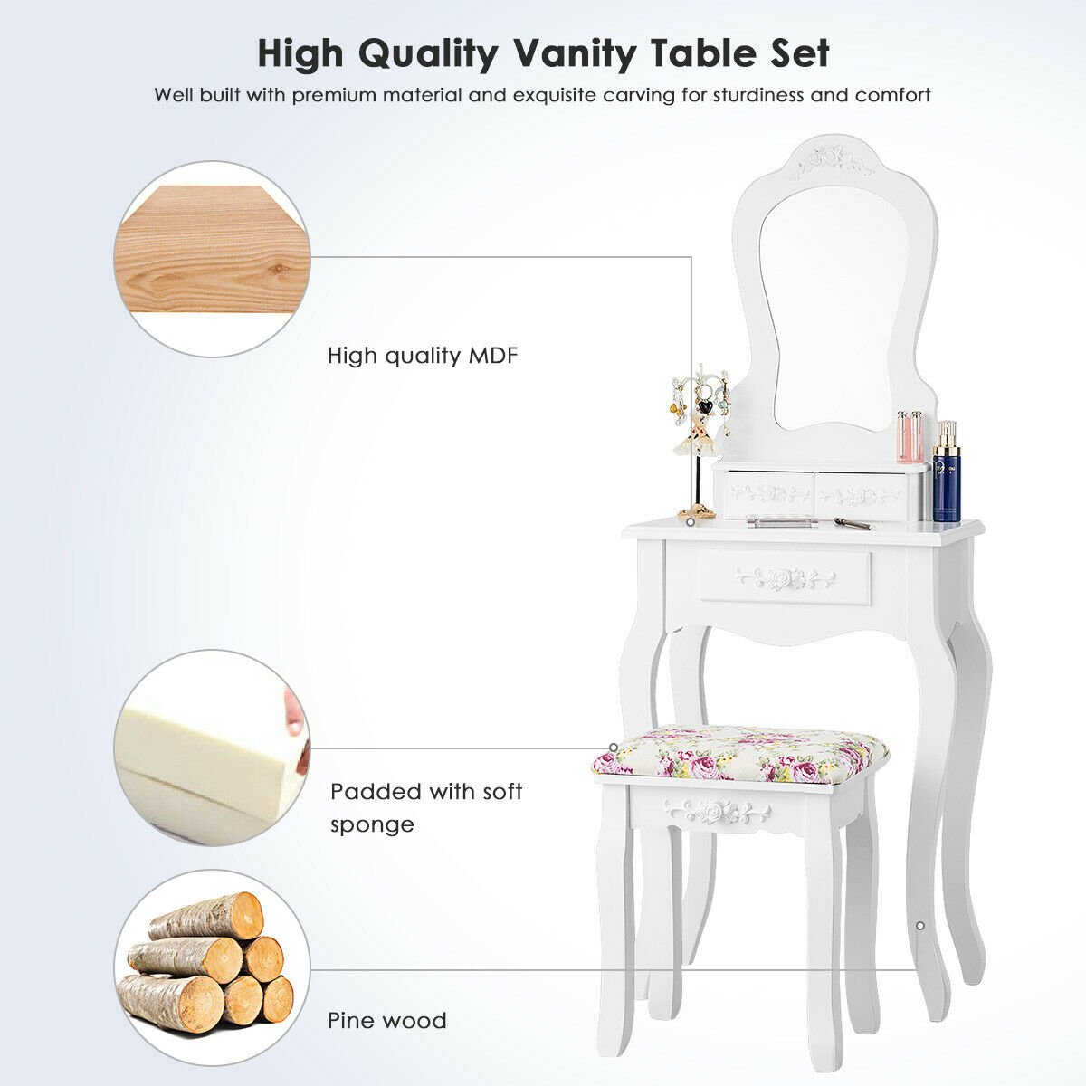 Compact Vanity Makeup Dressing Table Stool Set