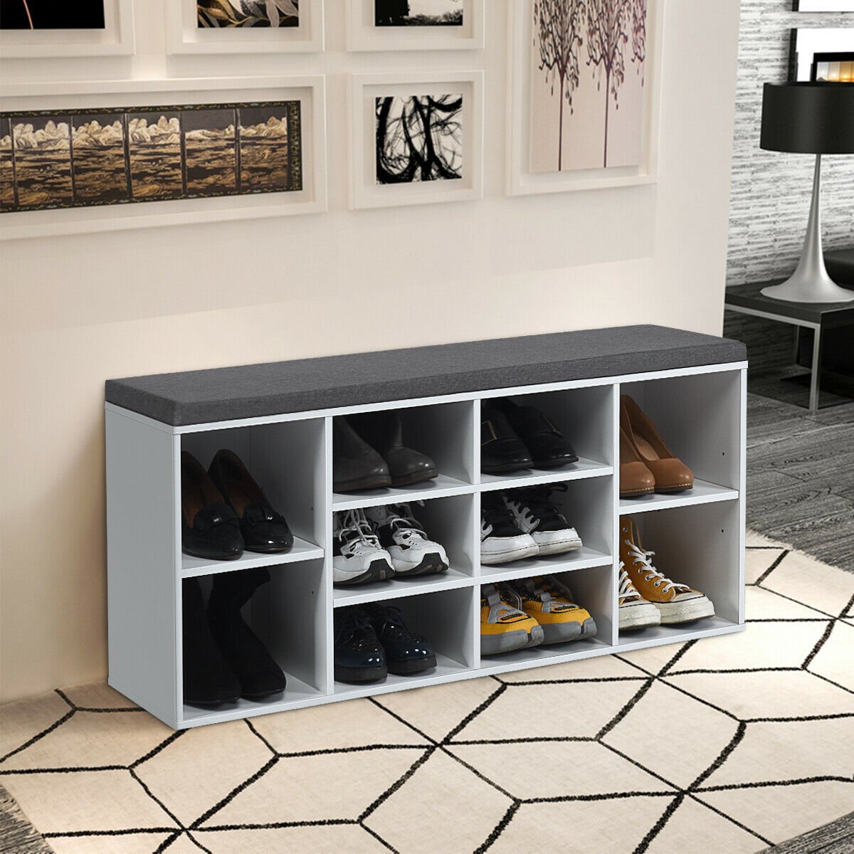 10-Cube Organizer  Entryway Padded Shoe Storage Bench