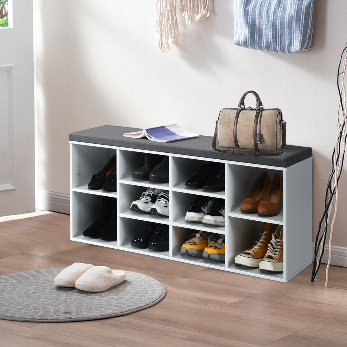 10-Cube Organizer  Entryway Padded Shoe Storage Bench