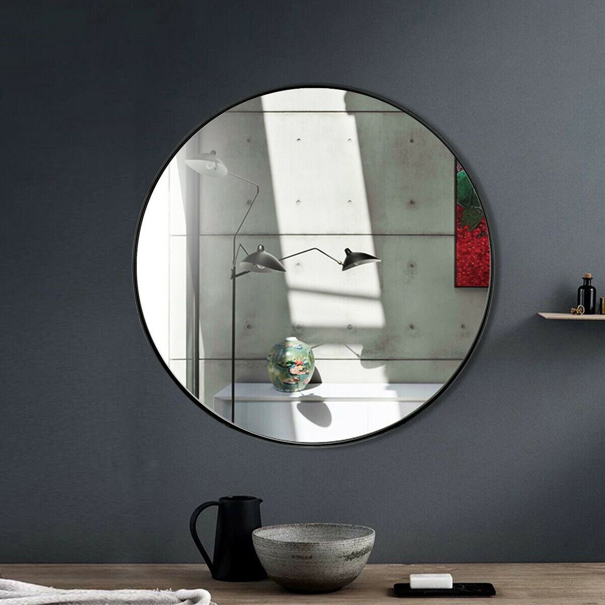 27.5" Modern Metal Wall-Mounted Round Mirror for Bathroom