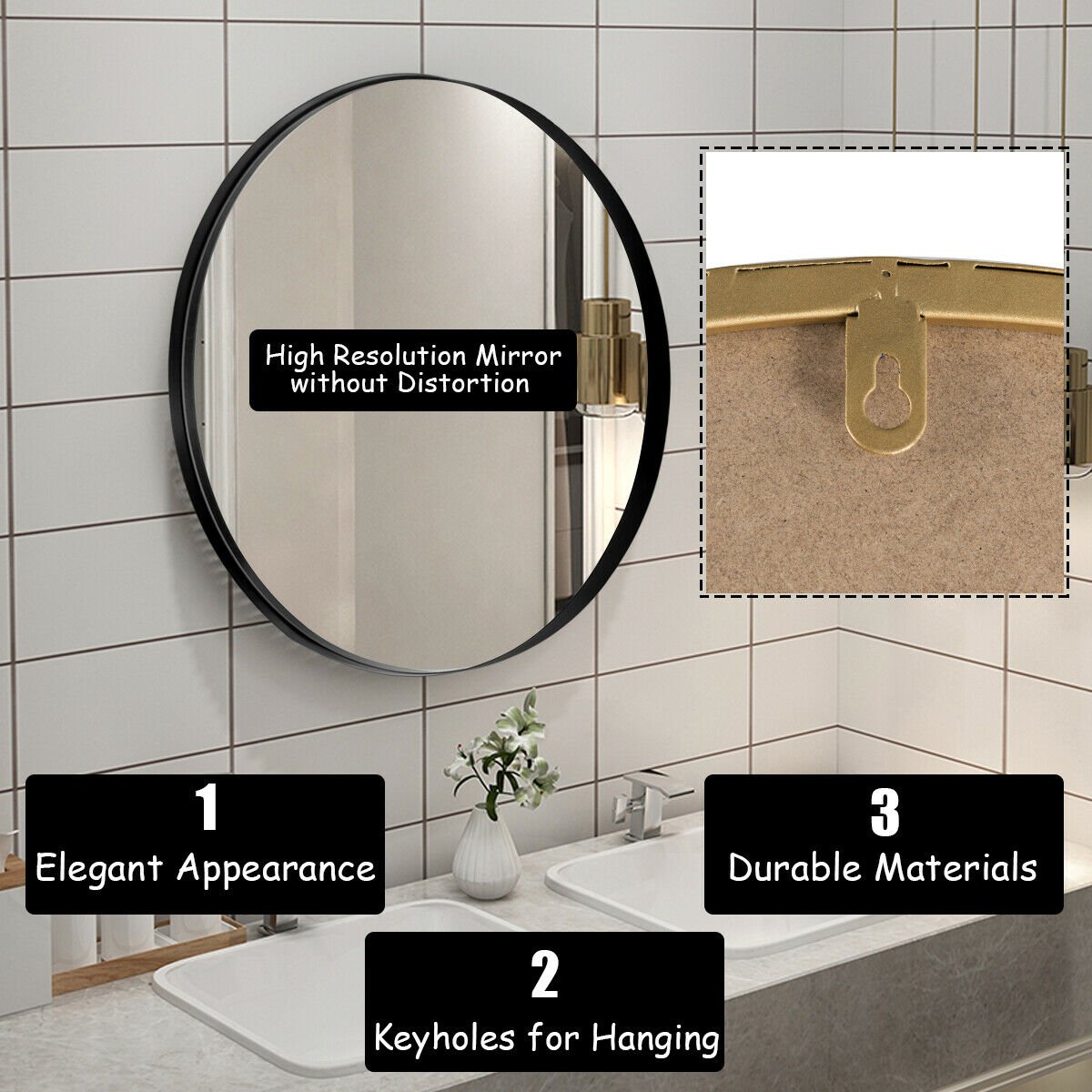 27.5" Modern Metal Wall-Mounted Round Mirror for Bathroom