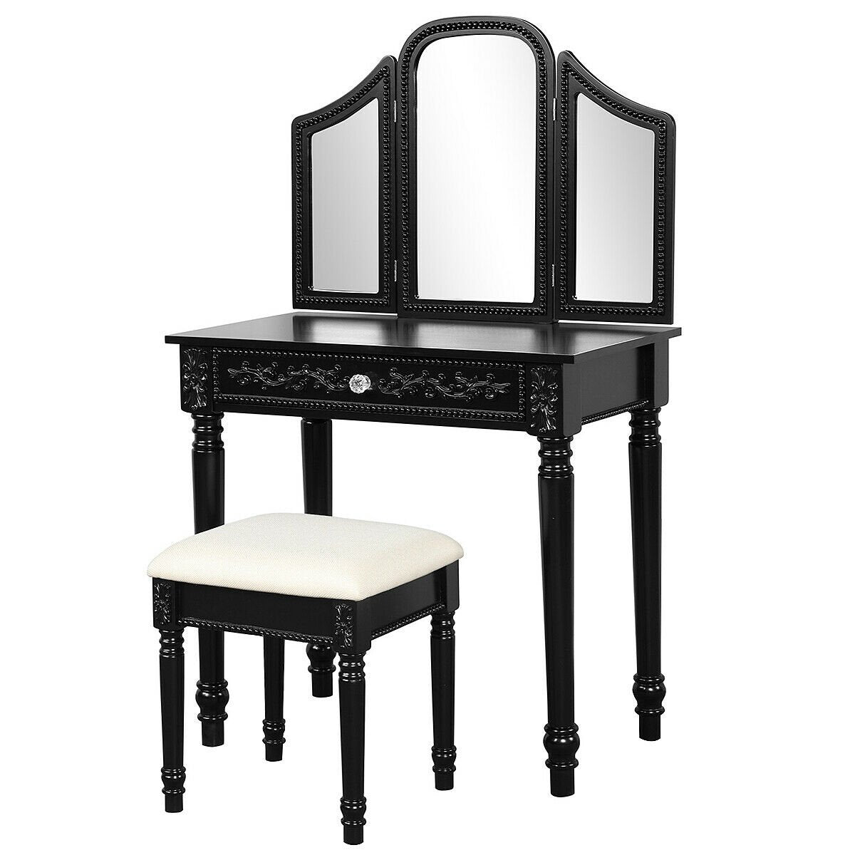 Vanity Dressing Makeup Table Set with Tri-Folding Mirror and Stool