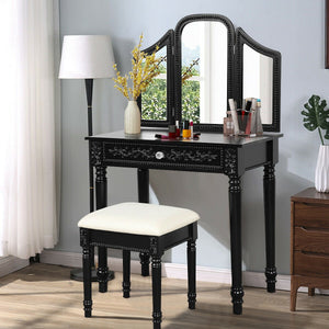 Vanity Dressing Makeup Table Set with Tri-Folding Mirror and Stool