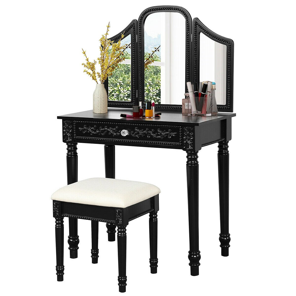 Vanity Dressing Makeup Table Set with Tri-Folding Mirror and Stool