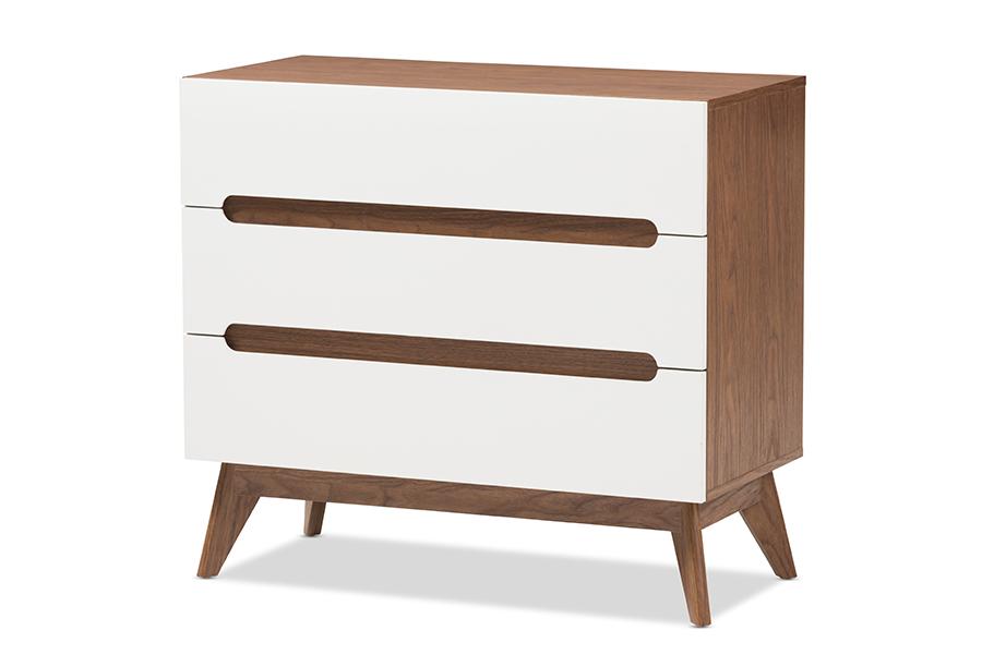 Baxton Studio Calypso Mid-Century Modern White and Walnut Wood 3-Drawer Storage Chest