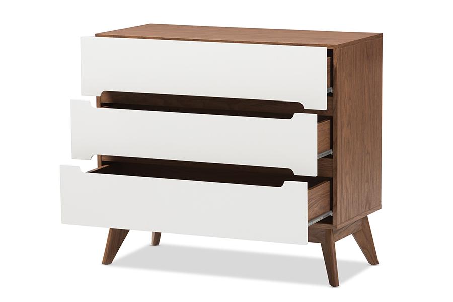 Baxton Studio Calypso Mid-Century Modern White and Walnut Wood 3-Drawer Storage Chest