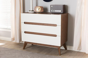 Baxton Studio Calypso Mid-Century Modern White and Walnut Wood 3-Drawer Storage Chest