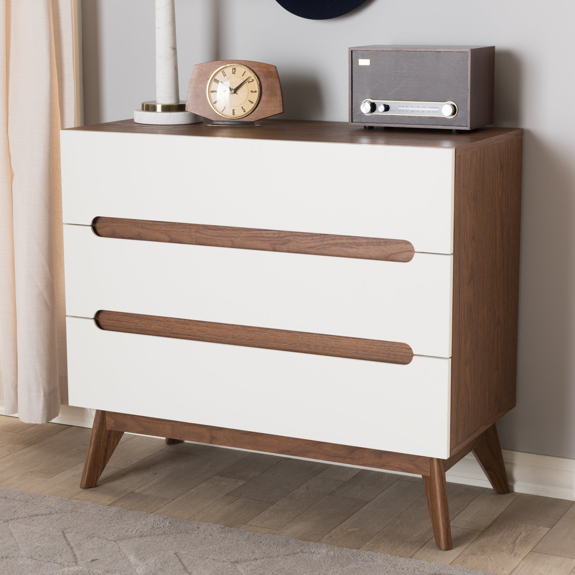 Baxton Studio Calypso Mid-Century Modern White and Walnut Wood 3-Drawer Storage Chest