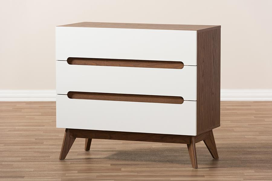 Baxton Studio Calypso Mid-Century Modern White and Walnut Wood 3-Drawer Storage Chest