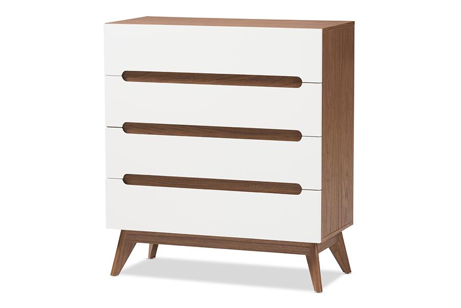 Baxton Studio Calypso Mid-Century Modern White and Walnut Wood 4-Drawer Storage Chest