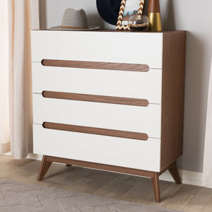 Baxton Studio Calypso Mid-Century Modern White and Walnut Wood 4-Drawer Storage Chest