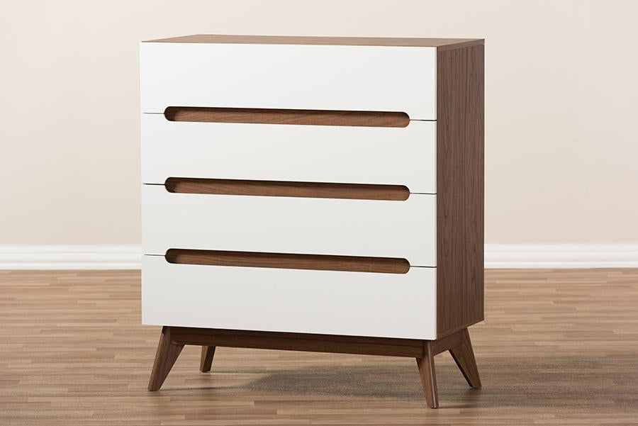 Baxton Studio Calypso Mid-Century Modern White and Walnut Wood 4-Drawer Storage Chest