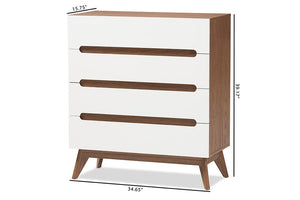 Baxton Studio Calypso Mid-Century Modern White and Walnut Wood 4-Drawer Storage Chest