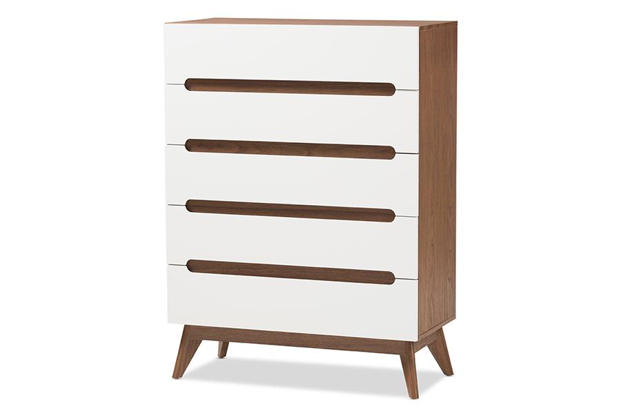 Baxton Studio Calypso Mid-Century Modern White and Walnut Wood 5-Drawer Storage Chest