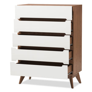 Baxton Studio Calypso Mid-Century Modern White and Walnut Wood 5-Drawer Storage Chest