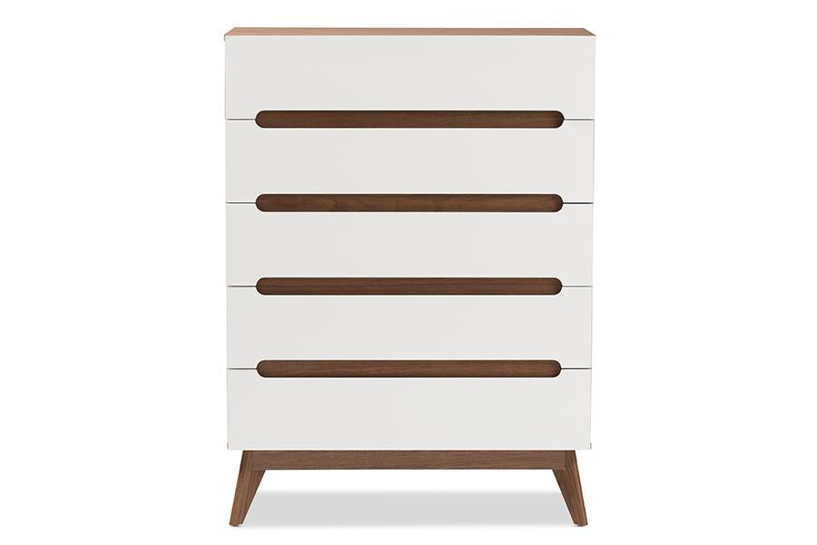 Baxton Studio Calypso Mid-Century Modern White and Walnut Wood 5-Drawer Storage Chest