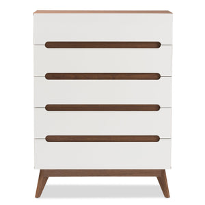 Baxton Studio Calypso Mid-Century Modern White and Walnut Wood 5-Drawer Storage Chest